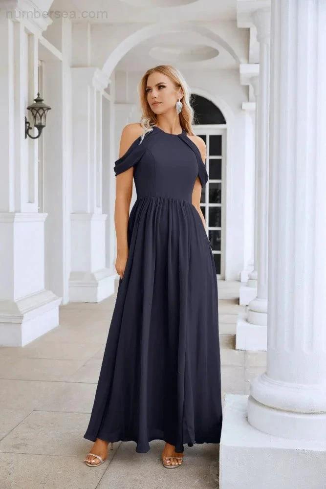 Vestido de noite para madrinhas em chiffon para senhora, com ombros descobertos, mangas largas e racha frontal, para festa de casamento 28117