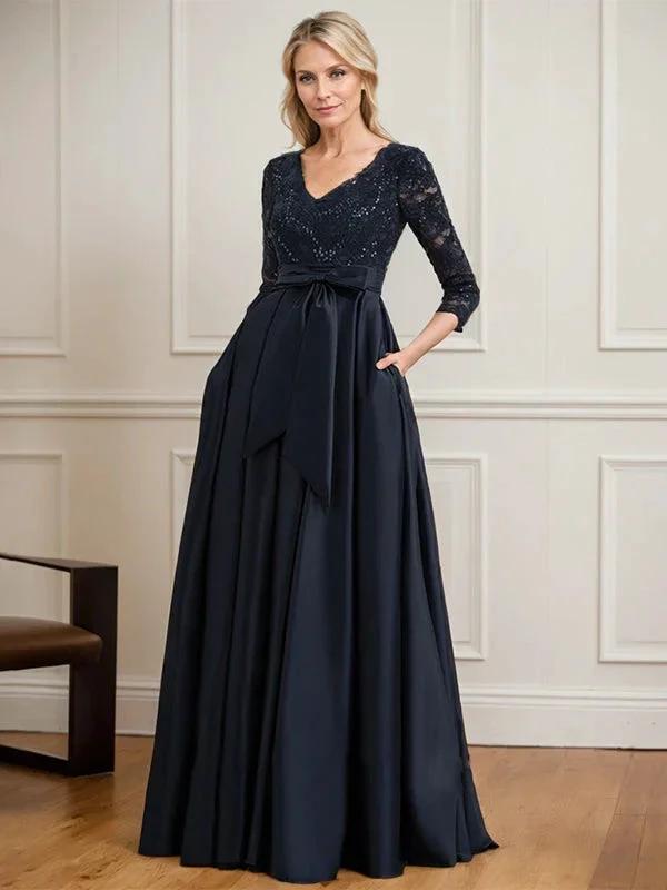 A-line V-Neck Floor-Length Satin Lace Mother of the Bride Dress With Sequins Bow by Dreamylily