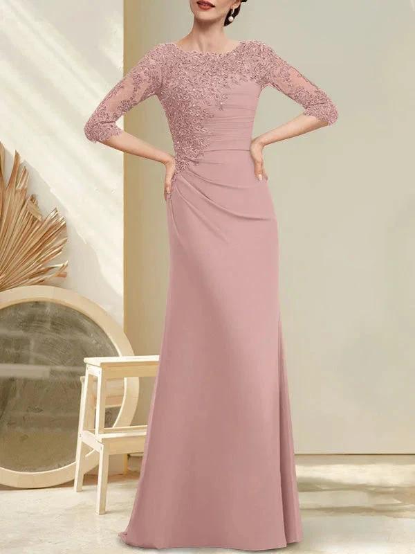 A-line Scoop Floor-Length Chiffon Lace Mother of the Bride Dress With Beading Pleated Sequins by Dreamylily