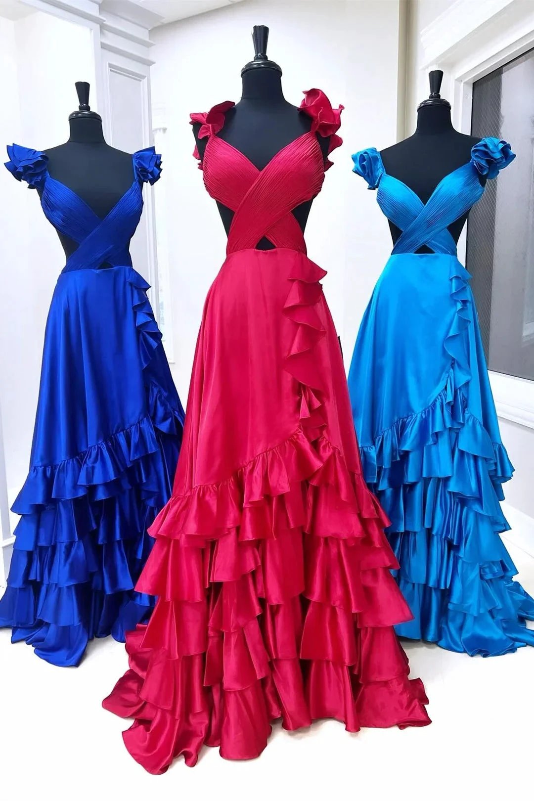 Brittany | Red Cutout Ruffle A-Line Long Prom Dress with Slit by KissProm
