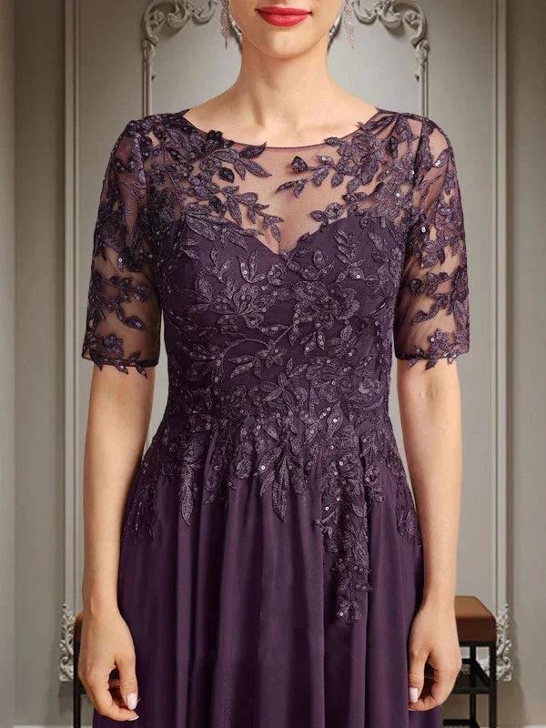 A-line Scoop Illusion Asymmetrical Chiffon Lace Mother of the Bride Dress With Sequins by Dreamylily
