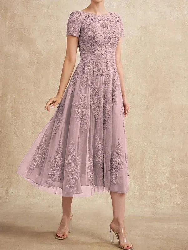 A-line Scoop Tea-Length Tulle Lace Mother of the Bride Dress by Dreamylily