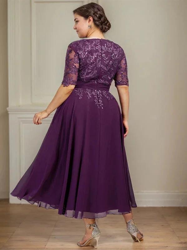 A-line V-Neck Tea-Length Lace Chiffon Mother of the Bride Dress With Sequins by Dreamylily