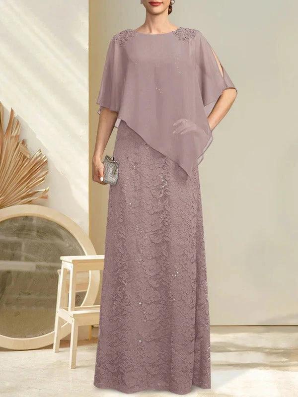 Sheath/Column Scoop Floor-Length Chiffon Lace Mother of the Bride Dress With Sequins Beading by Dreamylily