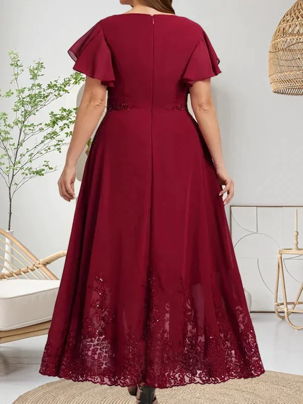 Abito da madre della sposa in chiffon di pizzo con scollo a U, lunghezza alla caviglia, linea a trapezio, con paillettes