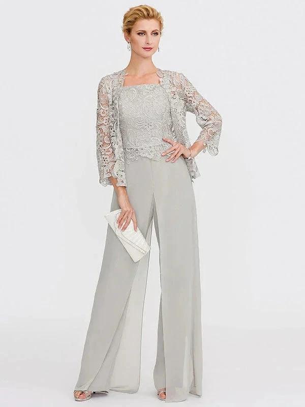 3 Piece Chiffon Square Neck Mother of the Bride Pantsuits with Jacket by Dreamylily