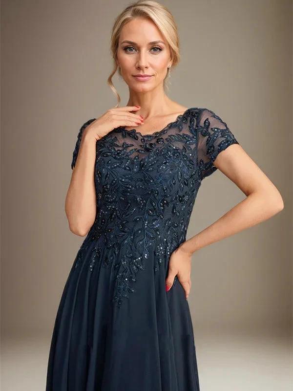 A-Line Scoop Floor-Length Chiffon Mother of the Bride Dress With Applique &amp; Sequins by Dreamylily