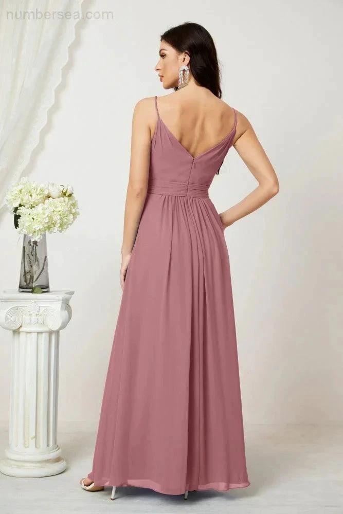Numbersea Chiffon V-Neck Bridesmaid Dress Spaghetti Strap Long Formal Party Prom Gowns with Slit 28010 by numbersea