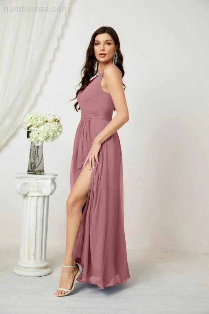 Numbersea Chiffon V-Neck Bridesmaid Dress Spaghetti Strap Long Formal Party Prom Gowns with Slit 28010 by numbersea