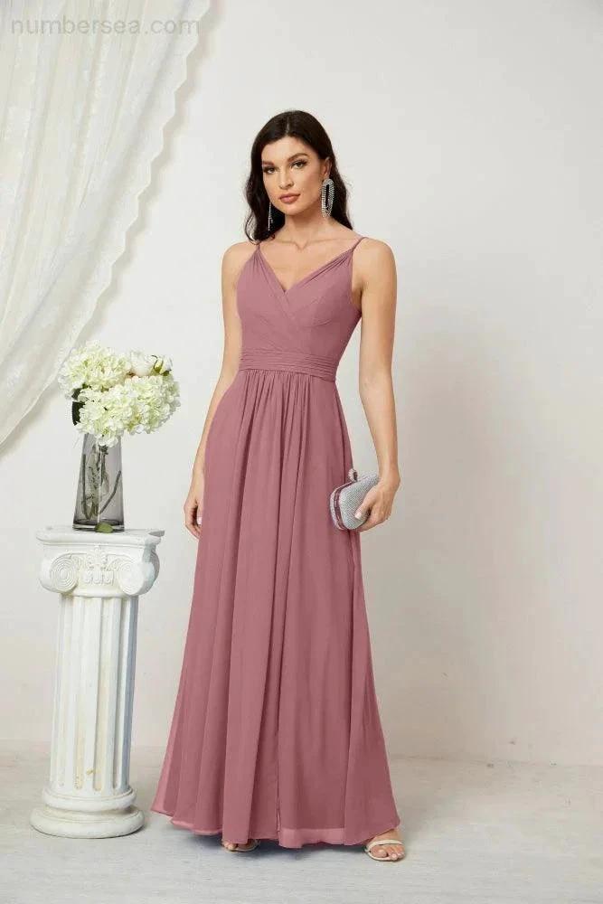 Numbersea Chiffon V-Neck Bridesmaid Dress Spaghetti Strap Long Formal Party Prom Gowns with Slit 28010 by numbersea