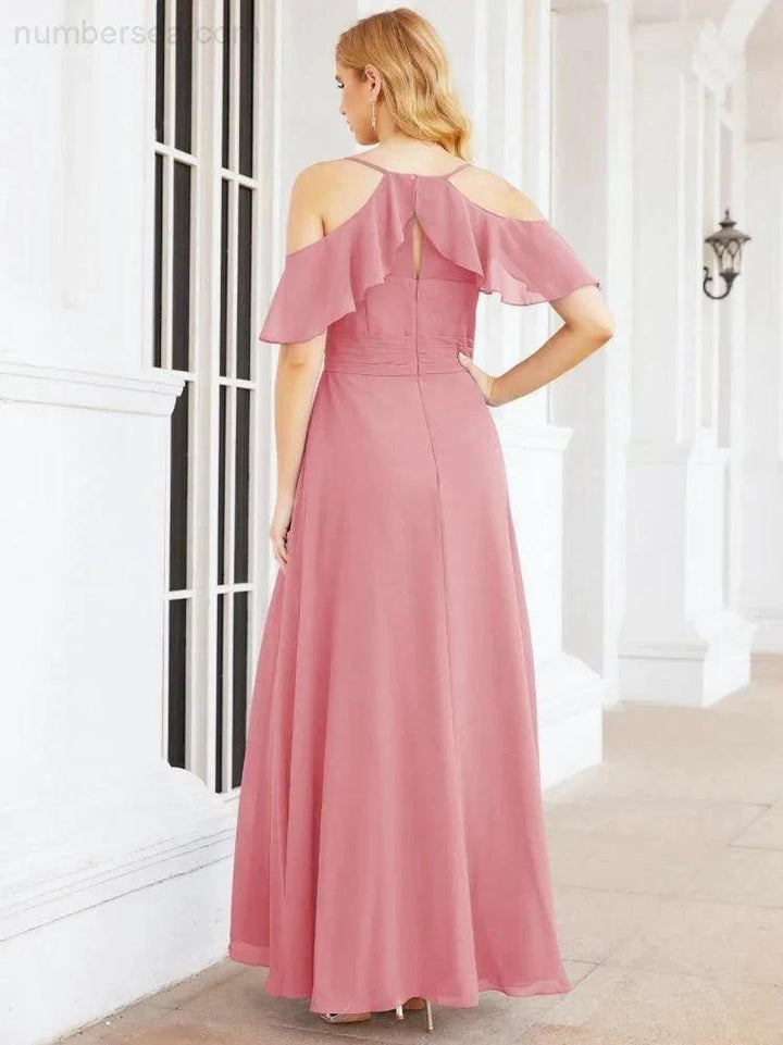 Numbersea Cold Shoulder Long Bridesmaid Dresses Side Slit Formal Prom Gowns Party Wedding 28070 by numbersea