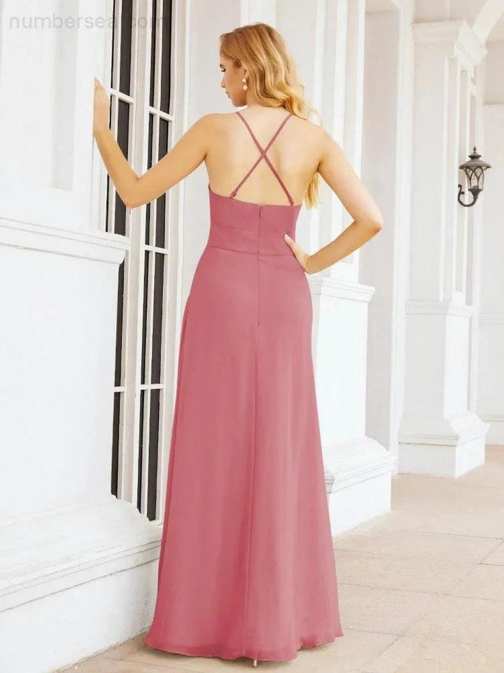 Numbersea Halter Bridesmaid Dresses with Pockets Sleeveless Formal Evening Party Prom Gowns 28055 by numbersea