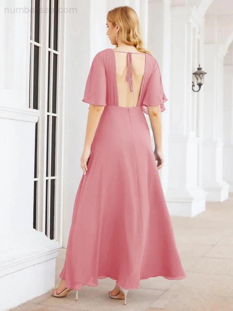 Numbersea V-Neck Bridesmaid Dress Chiffon Long Open Back Formal Dresses for Women Party Evening 28067 by numbersea