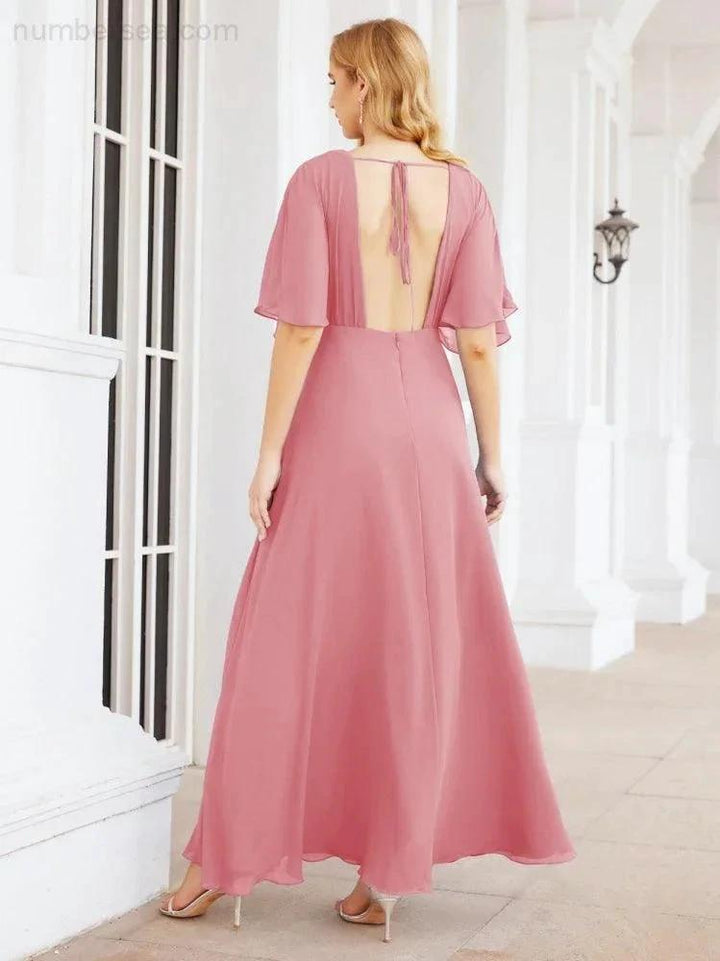 Numbersea V-Neck Bridesmaid Dress Chiffon Long Open Back Formal Dresses for Women Party Evening 28067 by numbersea