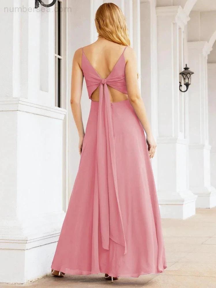 Numbersea Spaghetti Strap Bridesmaid Dresses V Neck Butterfly Back Fromal Evening Party Prom Gown 28036 by numbersea