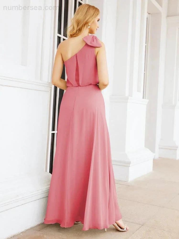 Numbersea Chiffon Ruffled One Shoulder Sleeveless Long Bride Dresses A-line Formal Evening Gown Side Split 28057 by numbersea