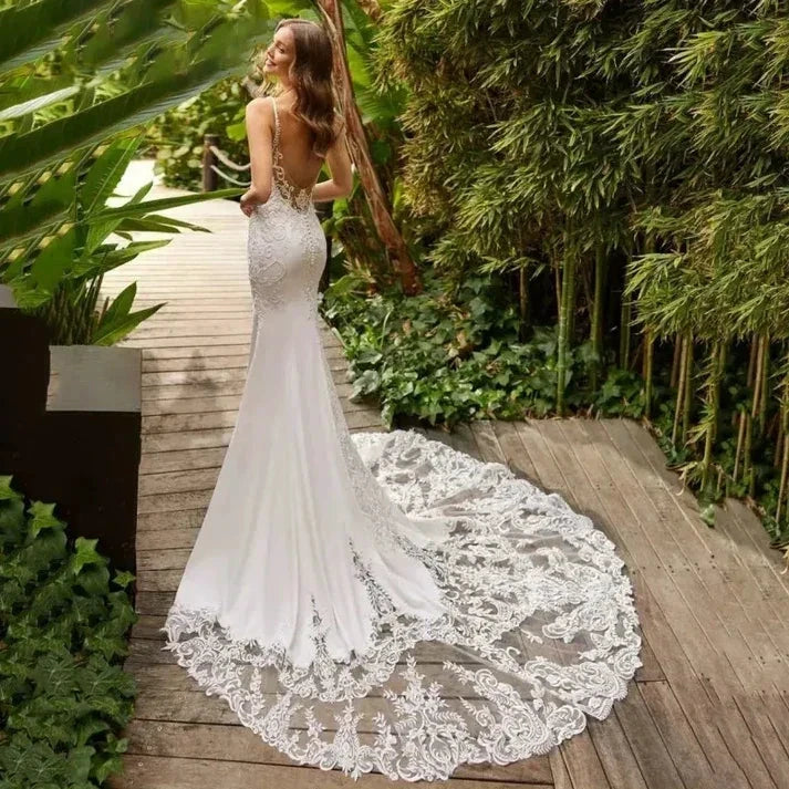 Elegant Mermaid Wedding Dresses White V-Neck Lace Open Back Spaghetti Straps Bridal Gown Sweep Train Vestidos De Novia by payinti