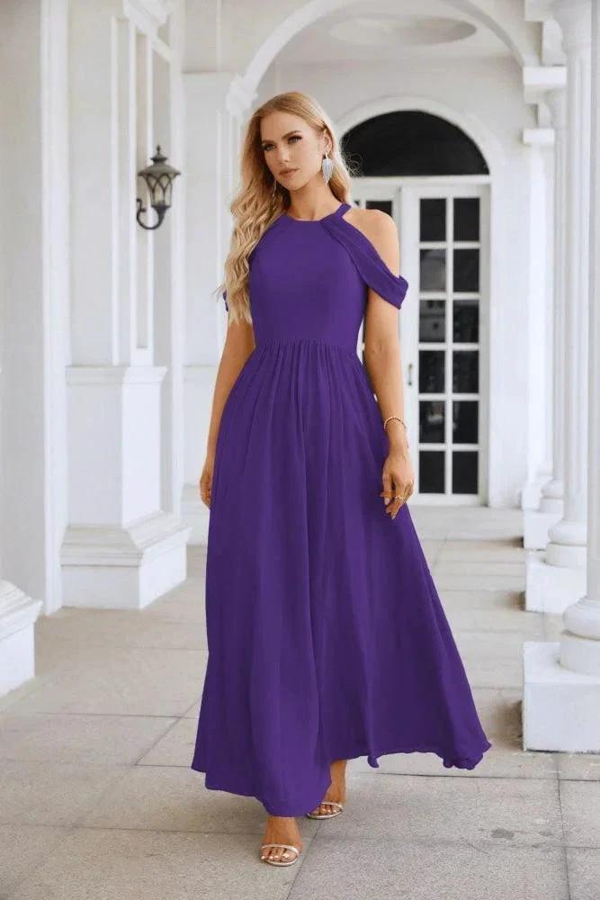 Vestido de noite para madrinhas em chiffon para senhora, com ombros descobertos, mangas largas e racha frontal, para festa de casamento 28117