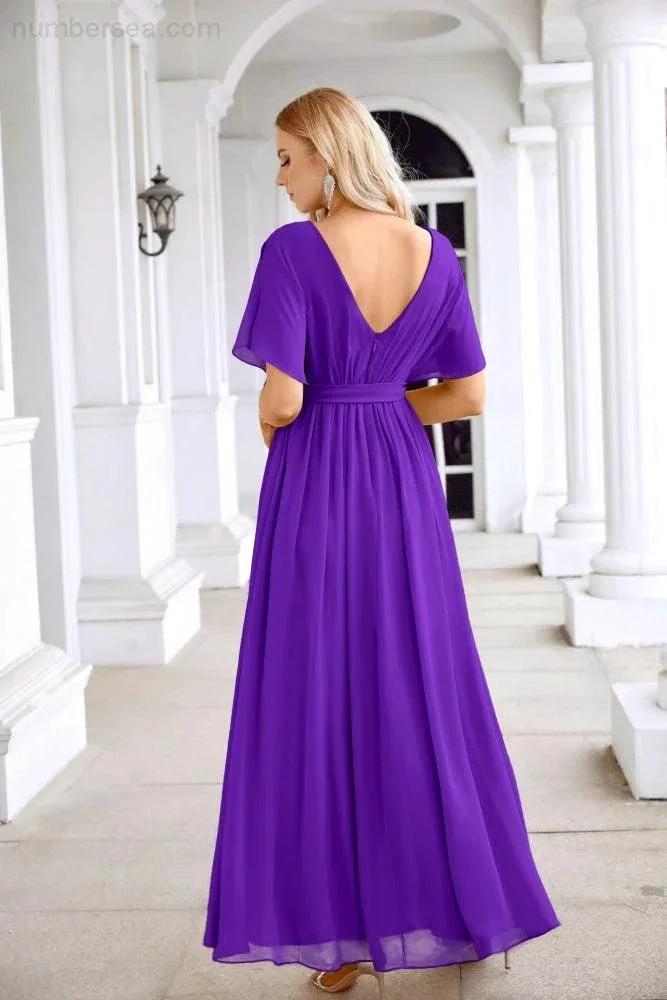 Ladies Chiffon Sleeve Crew Neck Front Slit Floor Length Bridesmaid Evening Dress Wedding Party Evening Dress 28124 by numbersea