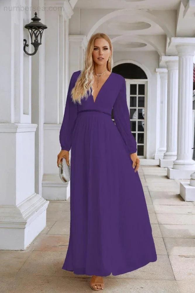 Ladies V Neck Chiffon Long Sleeve Front Slit Bridesmaid Evening Dress Wedding Party Shopping Evening Dress 28109 by numbersea