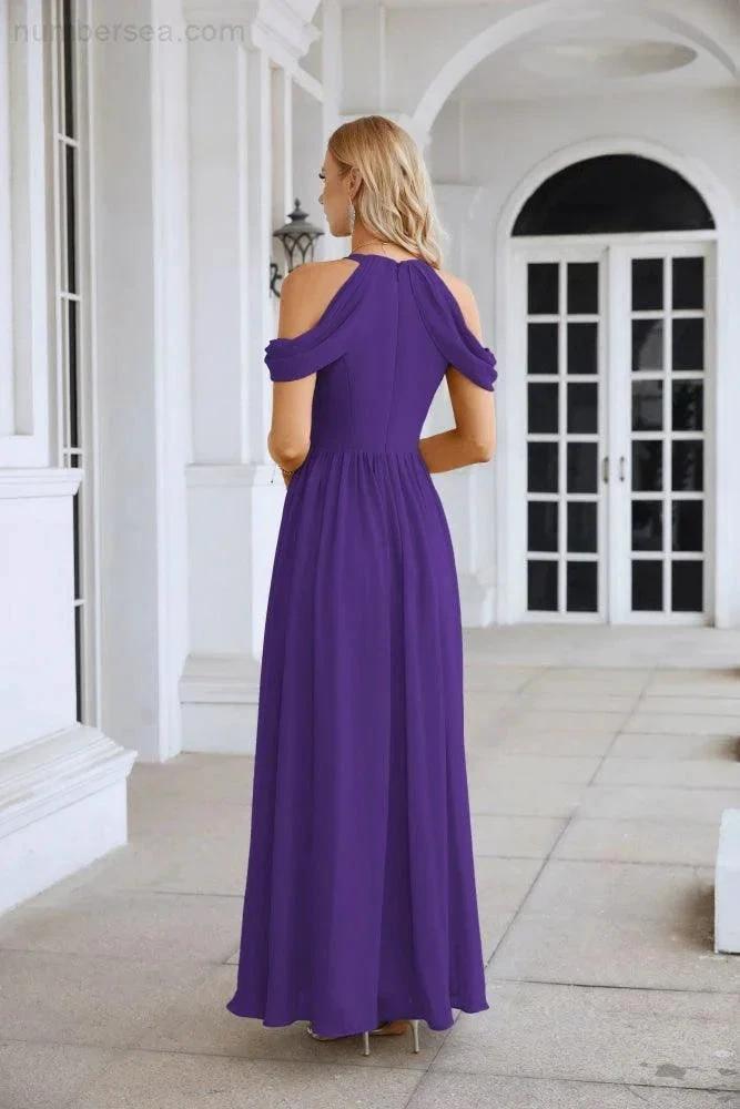 Vestido de noite para madrinhas em chiffon para senhora, com ombros descobertos, mangas largas e racha frontal, para festa de casamento 28117