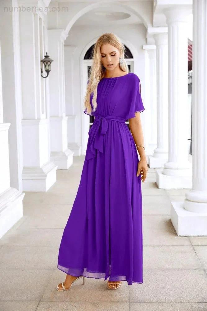 Ladies Chiffon Sleeve Crew Neck Front Slit Floor Length Bridesmaid Evening Dress Wedding Party Evening Dress 28124 by numbersea