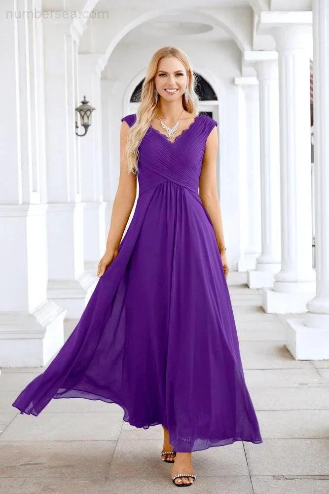 Ladies Chiffon V Neck Sleeveless Floor Length Bridesmaid Evening Dress Wedding Party Evening Dress 28126 by numbersea