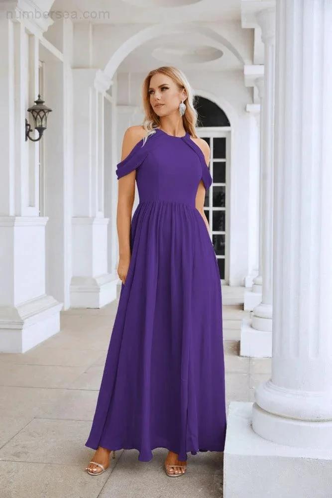 Ladies Chiffon Off Shoulder Swing Sleeve Front Slit Bridesmaid Evening Dress Wedding Party Evening Dress 28117 by numbersea