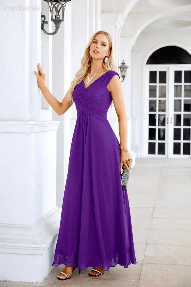 Ladies Chiffon V Neck Sleeveless Floor Length Bridesmaid Evening Dress Wedding Party Evening Dress 28126 by numbersea