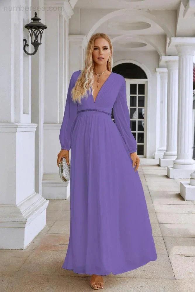 Ladies V Neck Chiffon Long Sleeve Front Slit Bridesmaid Evening Dress Wedding Party Shopping Evening Dress 28109 by numbersea