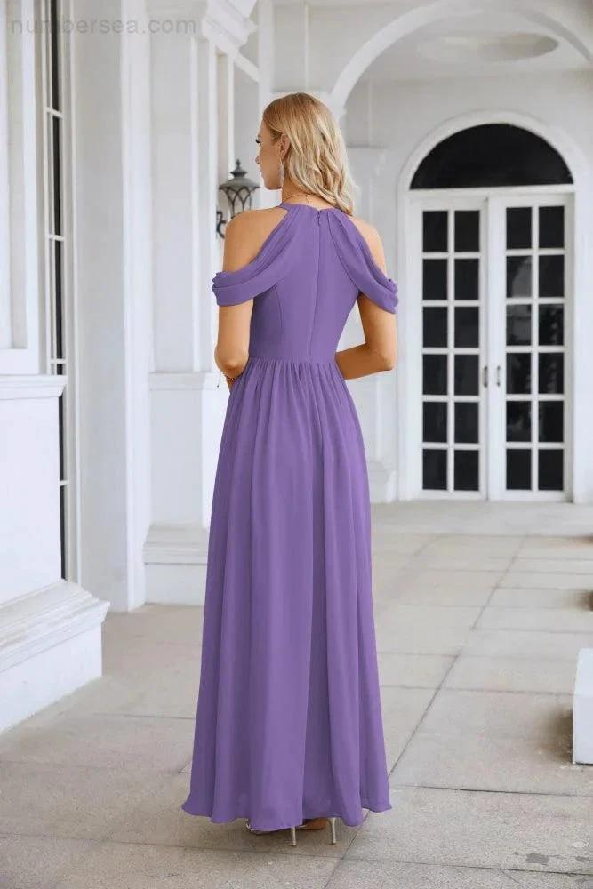 Ladies Chiffon Off Shoulder Swing Sleeve Front Slit Bridesmaid Evening Dress Wedding Party Evening Dress 28117 by numbersea