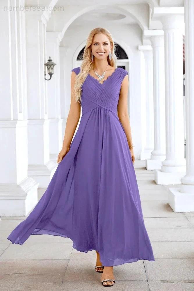 Ladies Chiffon V Neck Sleeveless Floor Length Bridesmaid Evening Dress Wedding Party Evening Dress 28126 by numbersea