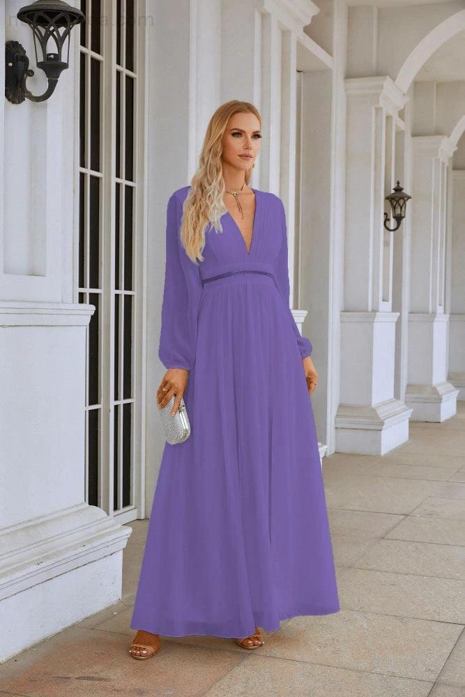 Ladies V Neck Chiffon Long Sleeve Front Slit Bridesmaid Evening Dress Wedding Party Shopping Evening Dress 28109 by numbersea
