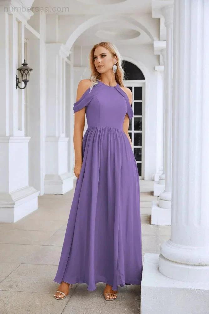 Ladies Chiffon Off Shoulder Swing Sleeve Front Slit Bridesmaid Evening Dress Wedding Party Evening Dress 28117 by numbersea
