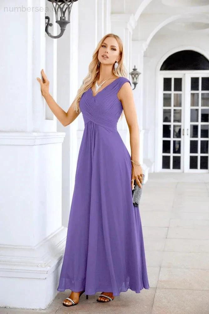 Ladies Chiffon V Neck Sleeveless Floor Length Bridesmaid Evening Dress Wedding Party Evening Dress 28126 by numbersea