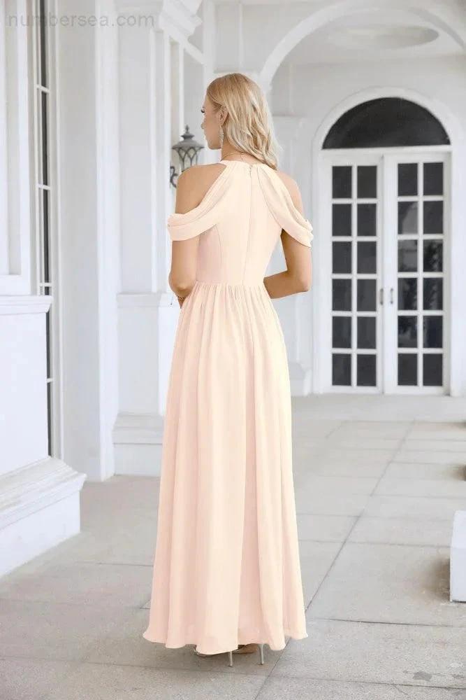 Ladies Chiffon Off Shoulder Swing Sleeve Front Slit Bridesmaid Evening Dress Wedding Party Evening Dress 28117 by numbersea