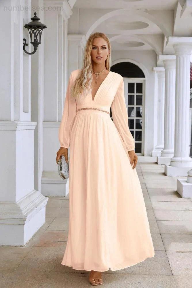 Ladies V Neck Chiffon Long Sleeve Front Slit Bridesmaid Evening Dress Wedding Party Shopping Evening Dress 28109 by numbersea