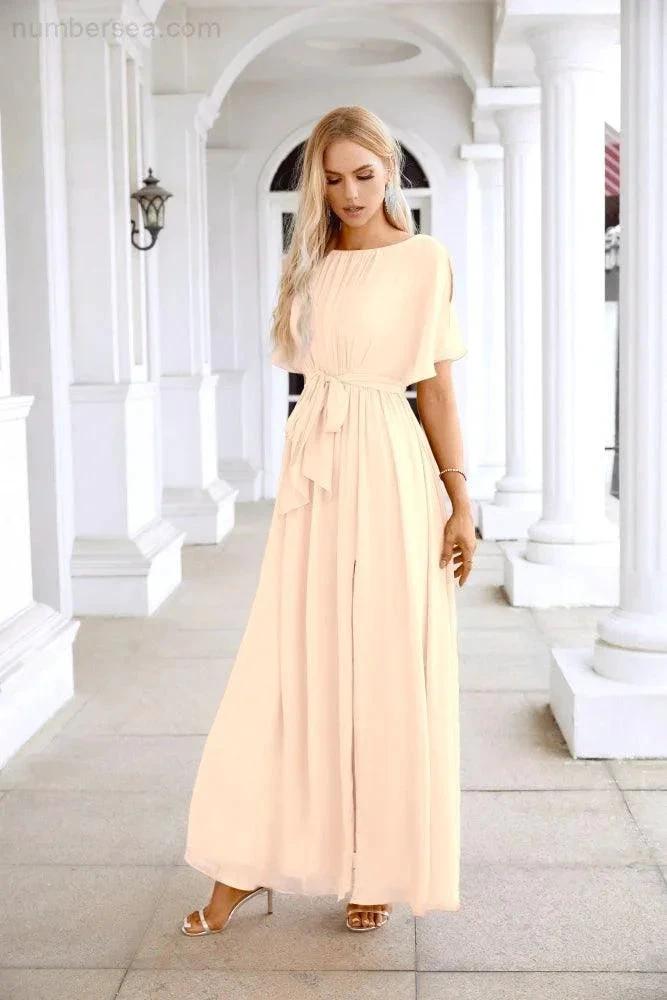 Ladies Chiffon Sleeve Crew Neck Front Slit Floor Length Bridesmaid Evening Dress Wedding Party Evening Dress 28124 by numbersea