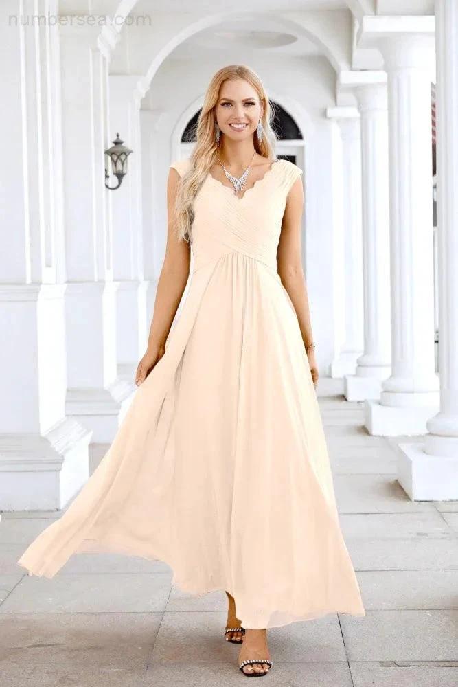 Ladies Chiffon V Neck Sleeveless Floor Length Bridesmaid Evening Dress Wedding Party Evening Dress 28126 by numbersea