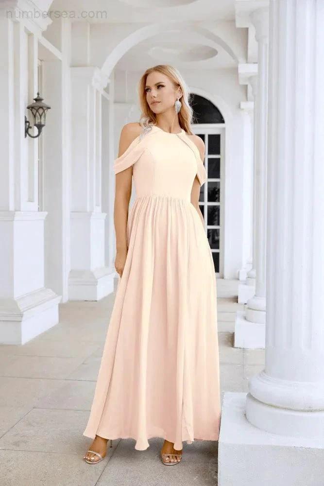 Ladies Chiffon Off Shoulder Swing Sleeve Front Slit Bridesmaid Evening Dress Wedding Party Evening Dress 28117 by numbersea