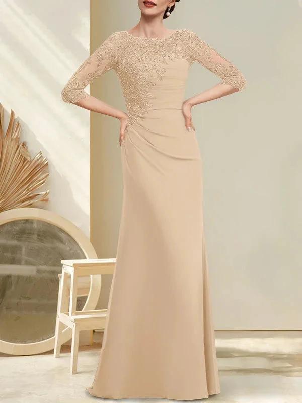 A-line Scoop Floor-Length Chiffon Lace Mother of the Bride Dress With Beading Pleated Sequins by Dreamylily