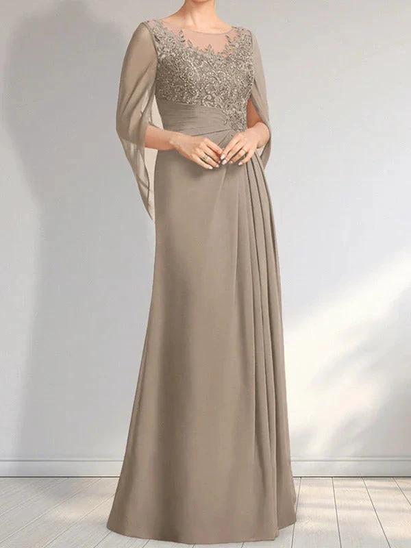 A-line Scoop Illusion Floor-Length Lace Chiffon Mother of the Bride Dress With Pleated Sequins by Dreamylily