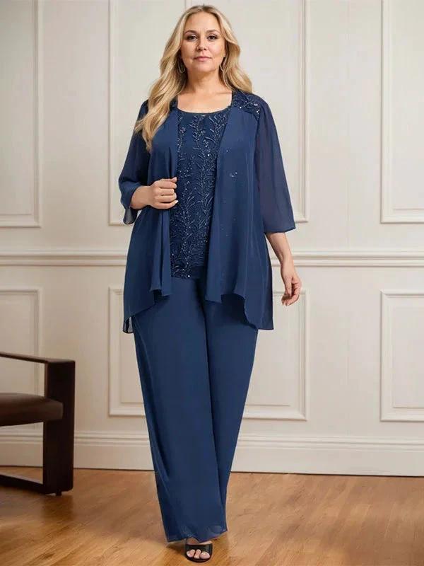 Separates Jumpsuit/Pantsuit Scoop Floor-Length Lace Chiffon Mother of the Bride Dress With Sequins by Dreamylily