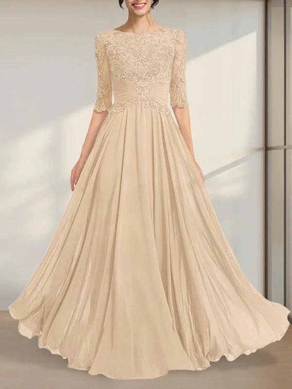 A-line Scoop Illusion Floor-Length Chiffon Lace Mother of the Bride Dress With Pleated Sequins by Dreamylily