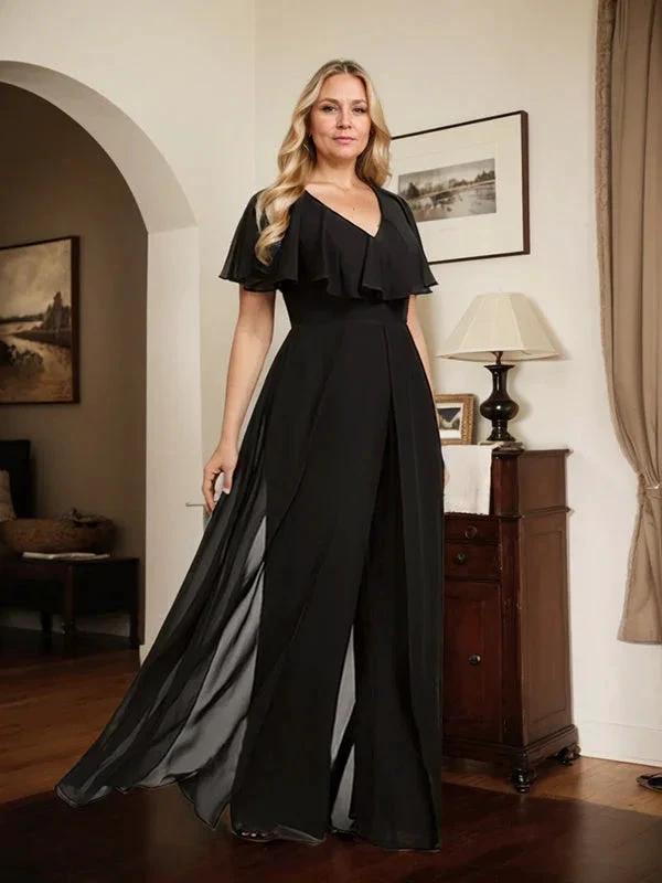 Jumpsuit/Pantsuit V-Neck Floor-Length Chiffon Evening Dress by Dreamylily