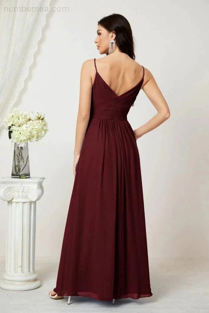 Numbersea Chiffon V-Neck Bridesmaid Dress Spaghetti Strap Long Formal Party Prom Gowns with Slit 28010 by numbersea