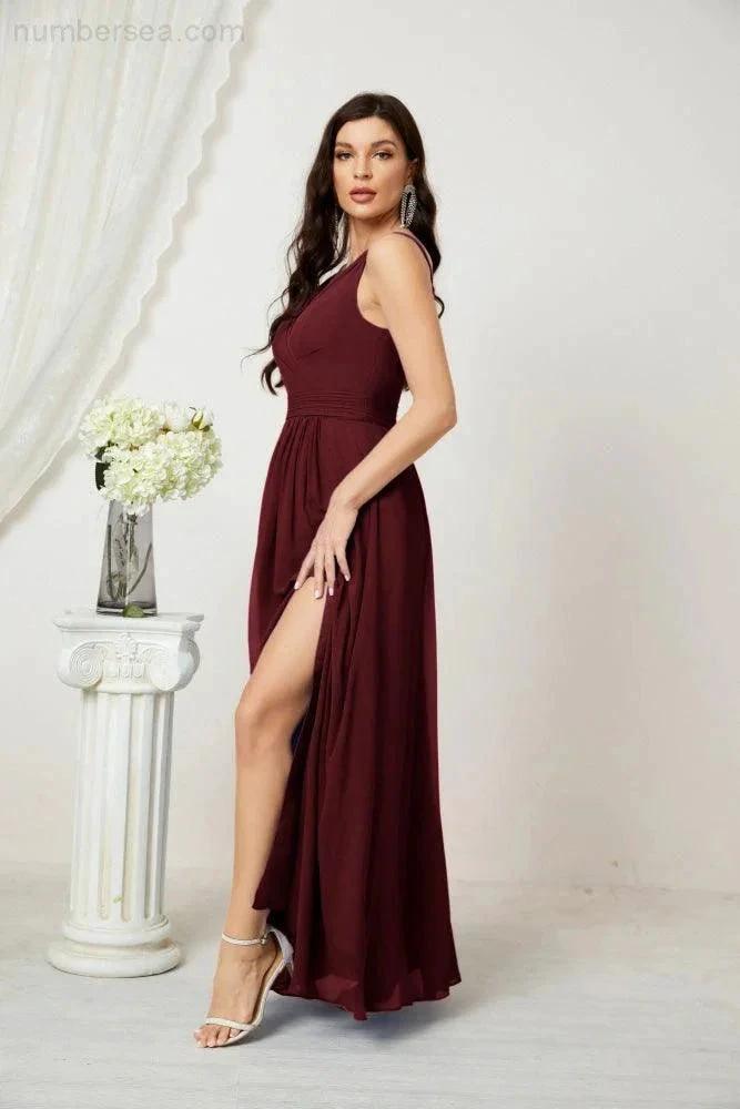 Numbersea Chiffon V-Neck Bridesmaid Dress Spaghetti Strap Long Formal Party Prom Gowns with Slit 28010 by numbersea