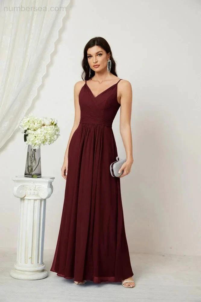 Numbersea Chiffon V-Neck Bridesmaid Dress Spaghetti Strap Long Formal Party Prom Gowns with Slit 28010 by numbersea