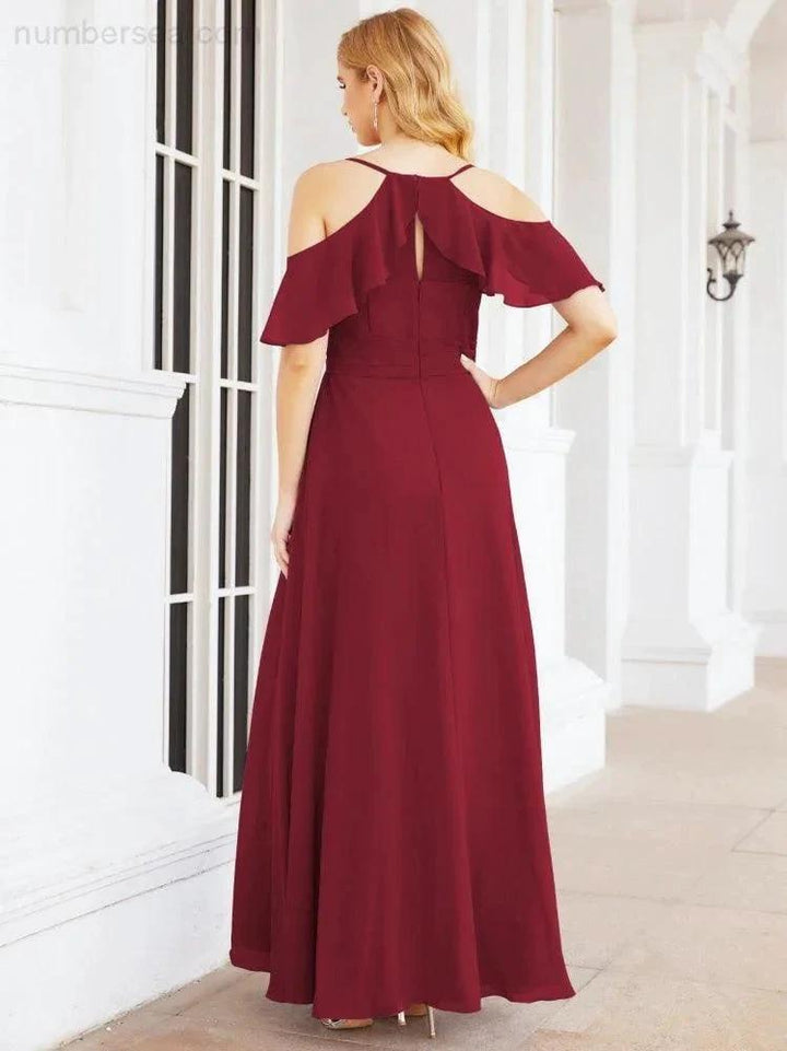 Numbersea Cold Shoulder Long Bridesmaid Dresses Side Slit Formal Prom Gowns Party Wedding 28070 by numbersea