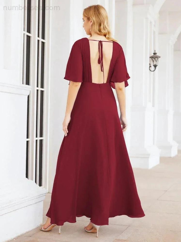 Numbersea V-Neck Bridesmaid Dress Chiffon Long Open Back Formal Dresses for Women Party Evening 28067 by numbersea